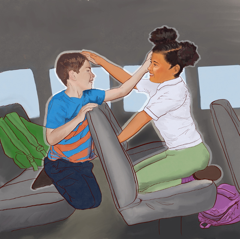 children on bus touching hair